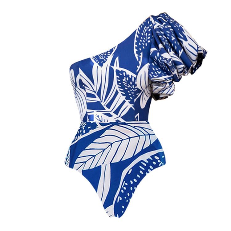 One Shoulder Bubble Sleeve Printed One Piece Swimsuit Women Bella Mia